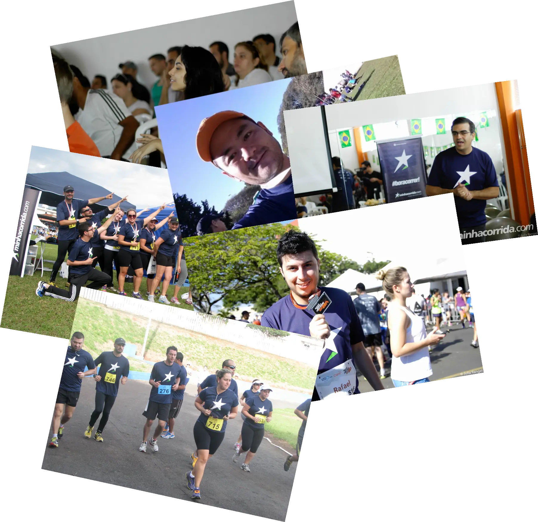Mosaico de fotos de corredores e equipes em eventos do Minha Corrida