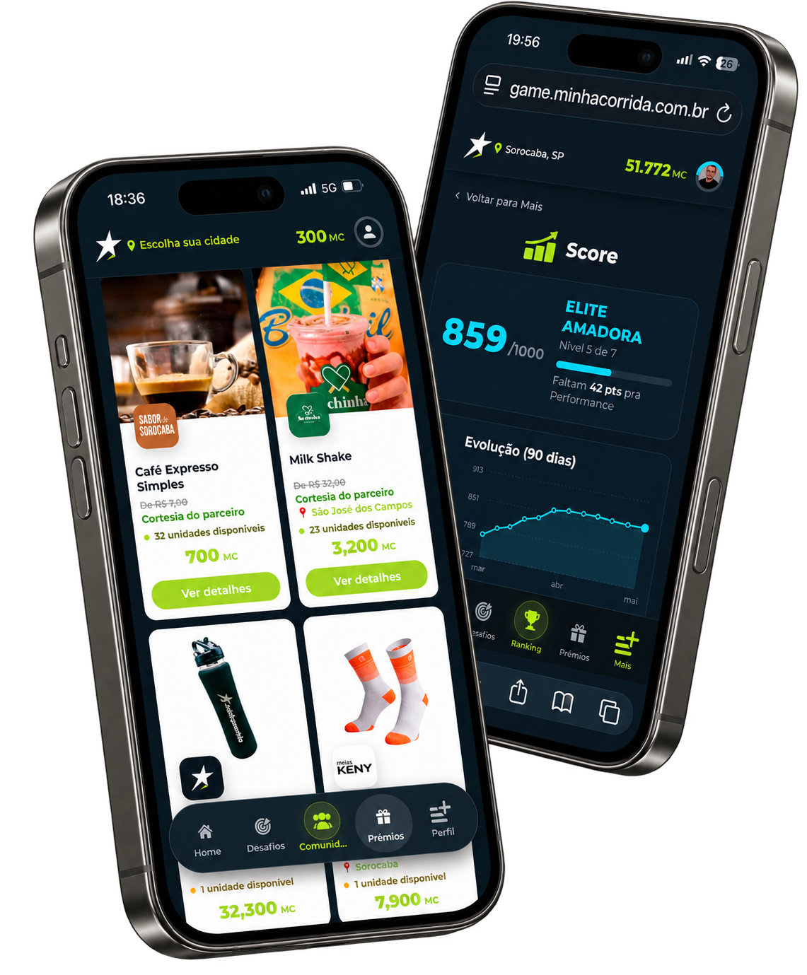 Telas de prêmios e Score do aplicativo Minha Corrida em dois celulares